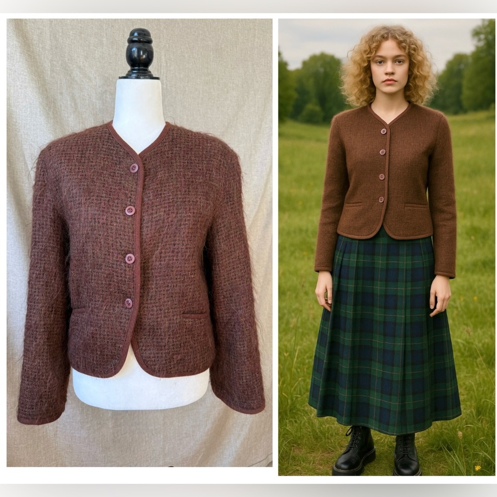 VINTAGE 🇬🇧 Made in England Brown Mohair Wool Reldan Button-Up Jacket - UK10